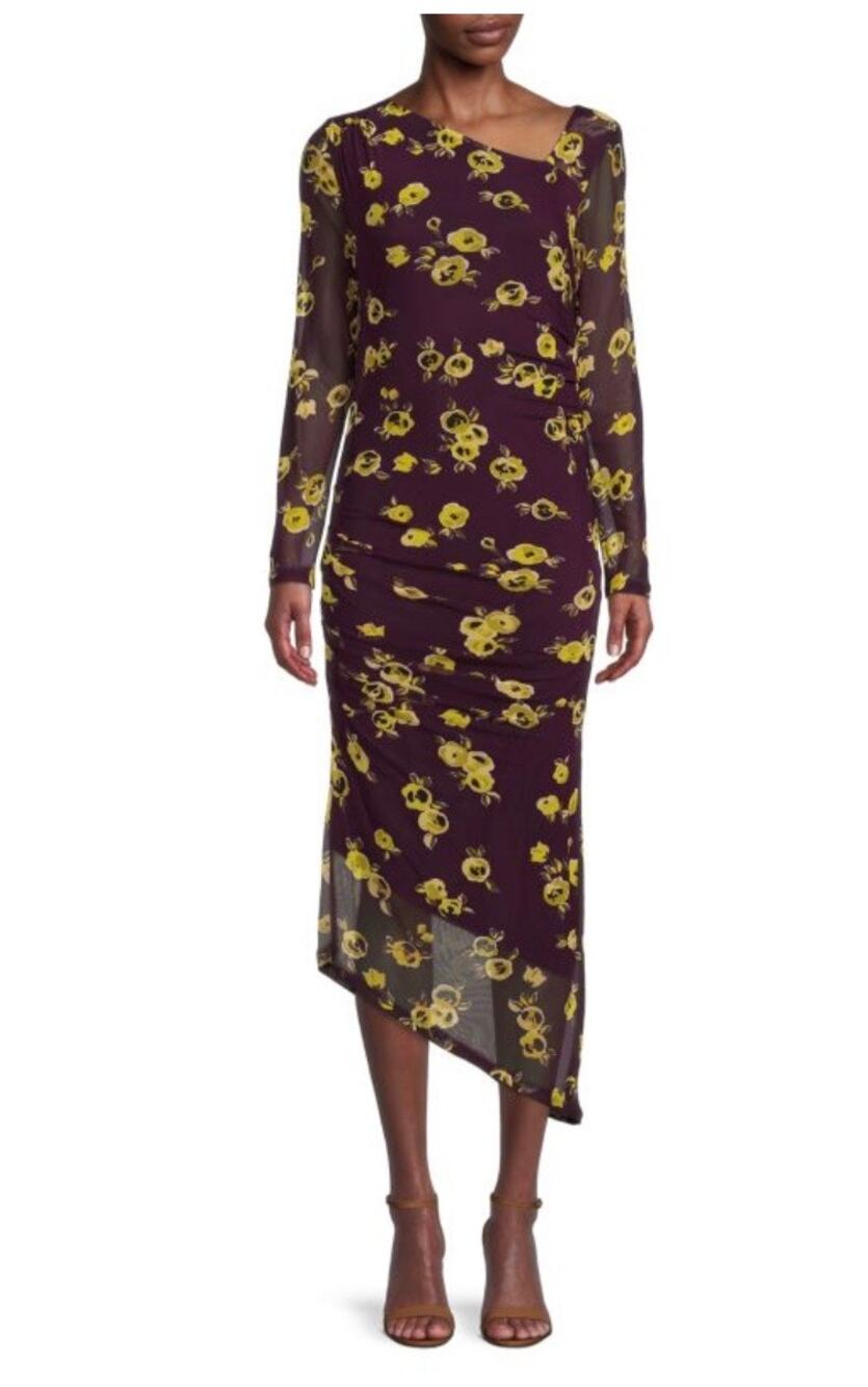 Calvin Klein Floral Ruched Mesh Midi Dress Sz XL Asymmetrical Hem Purple Yellow